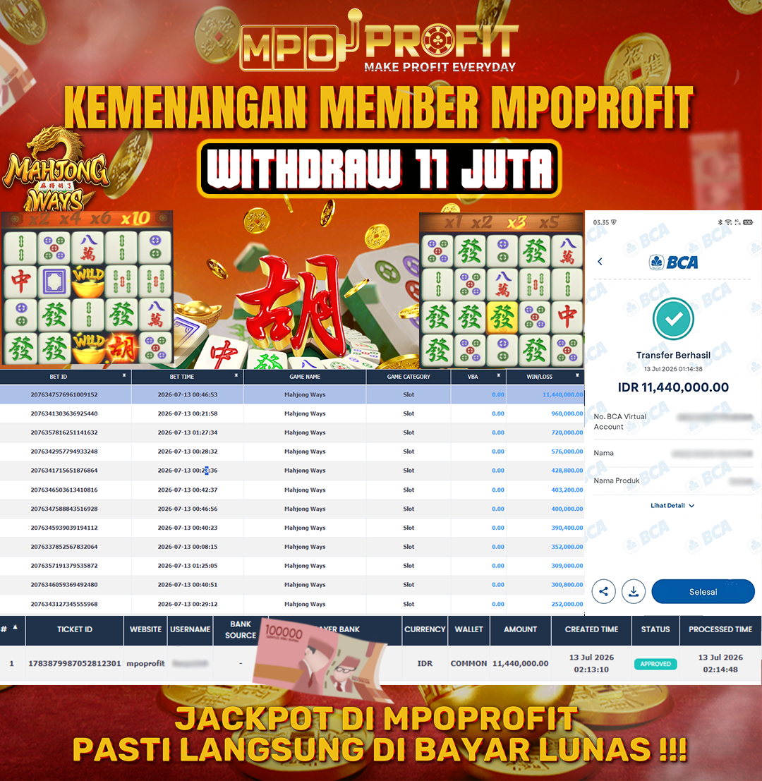 MPOPROFIT JACKPOT SLOT PGSOFT! KEMENANGAN MURNI DI (MAHJONG WAYS TOTAL 11.440.000,- LUNAS)
